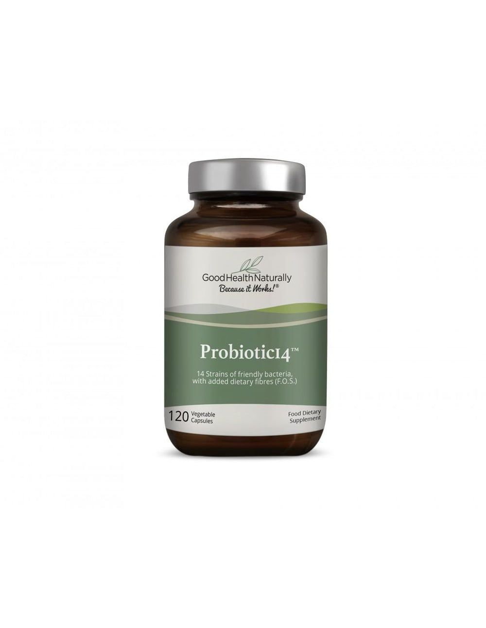Good Health Naturally Probiotics 14 bottle shows 120 vegetable capsules for daily digestive support.