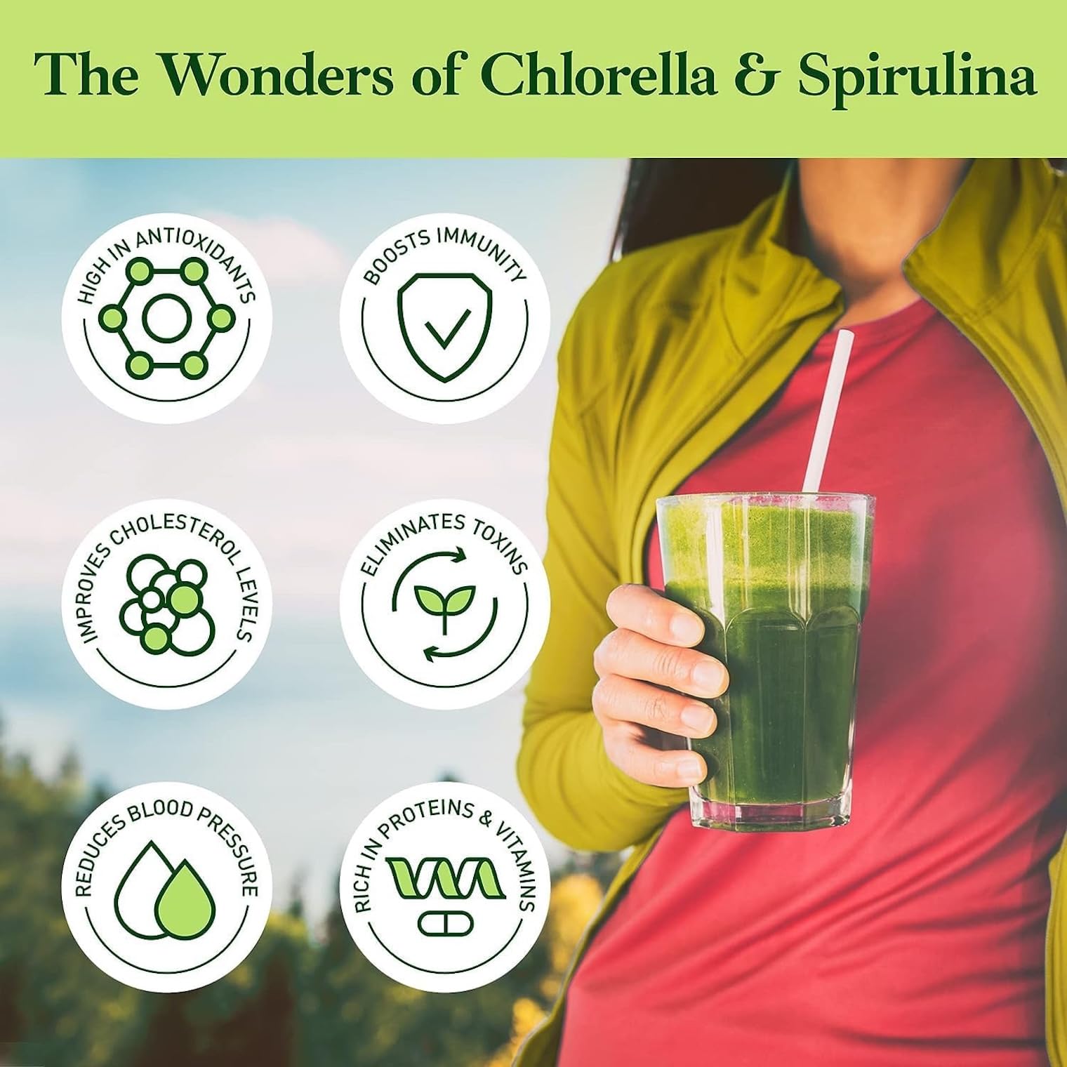 Closeup of Good Natured powder bag shows chlorella-spirulina mix for nutrient-dense daily support.