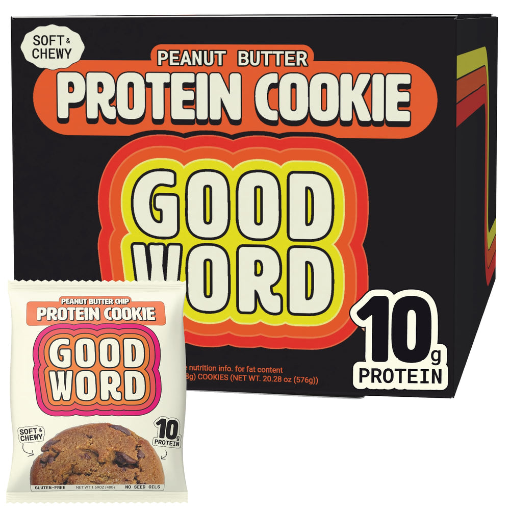 Good Word Peanut Butter Protein Cookie showcases a soft, chewy texture for a satisfying snack