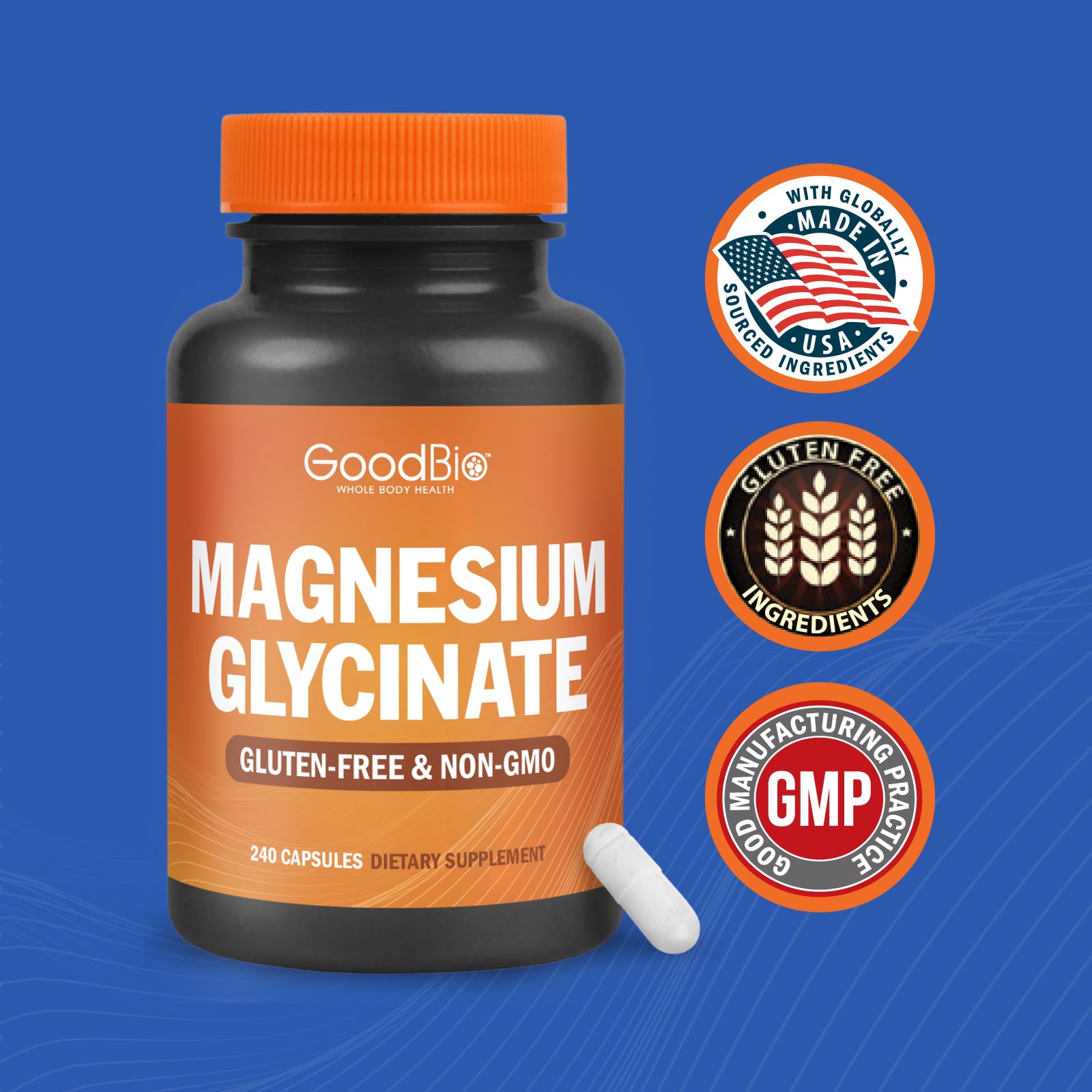 GOODBIO Magnesium Glycinate bottle on nightstand for rest-friendly routines.