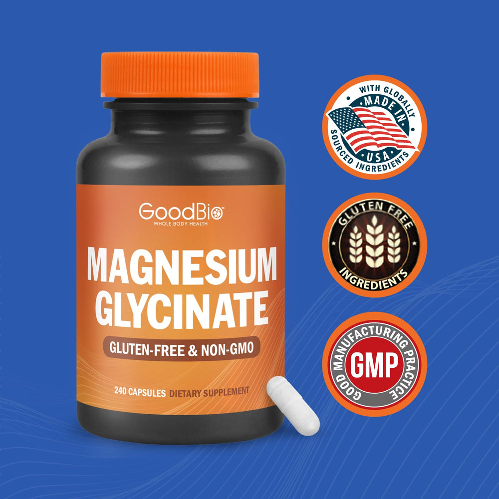 GOODBIO Magnesium Glycinate bottle on nightstand for rest-friendly routines.