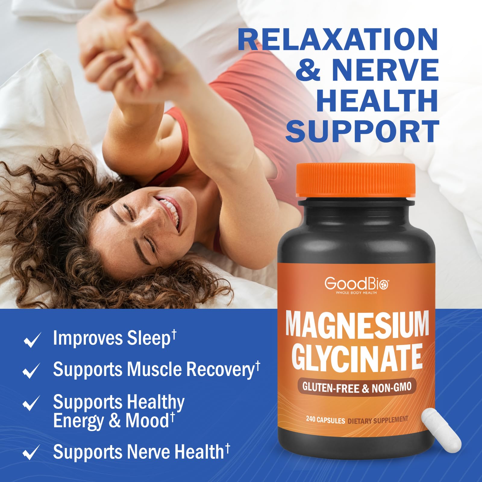 GOODBIO Magnesium Glycinate capsules close-up emphasizing gentle digestion.
