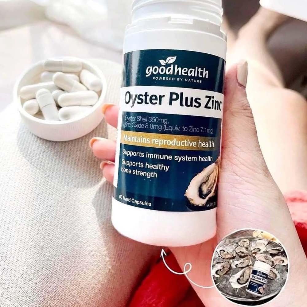 Close-up of Goodhealth Oyster Plus capsules showing zinc-rich marine nutrients