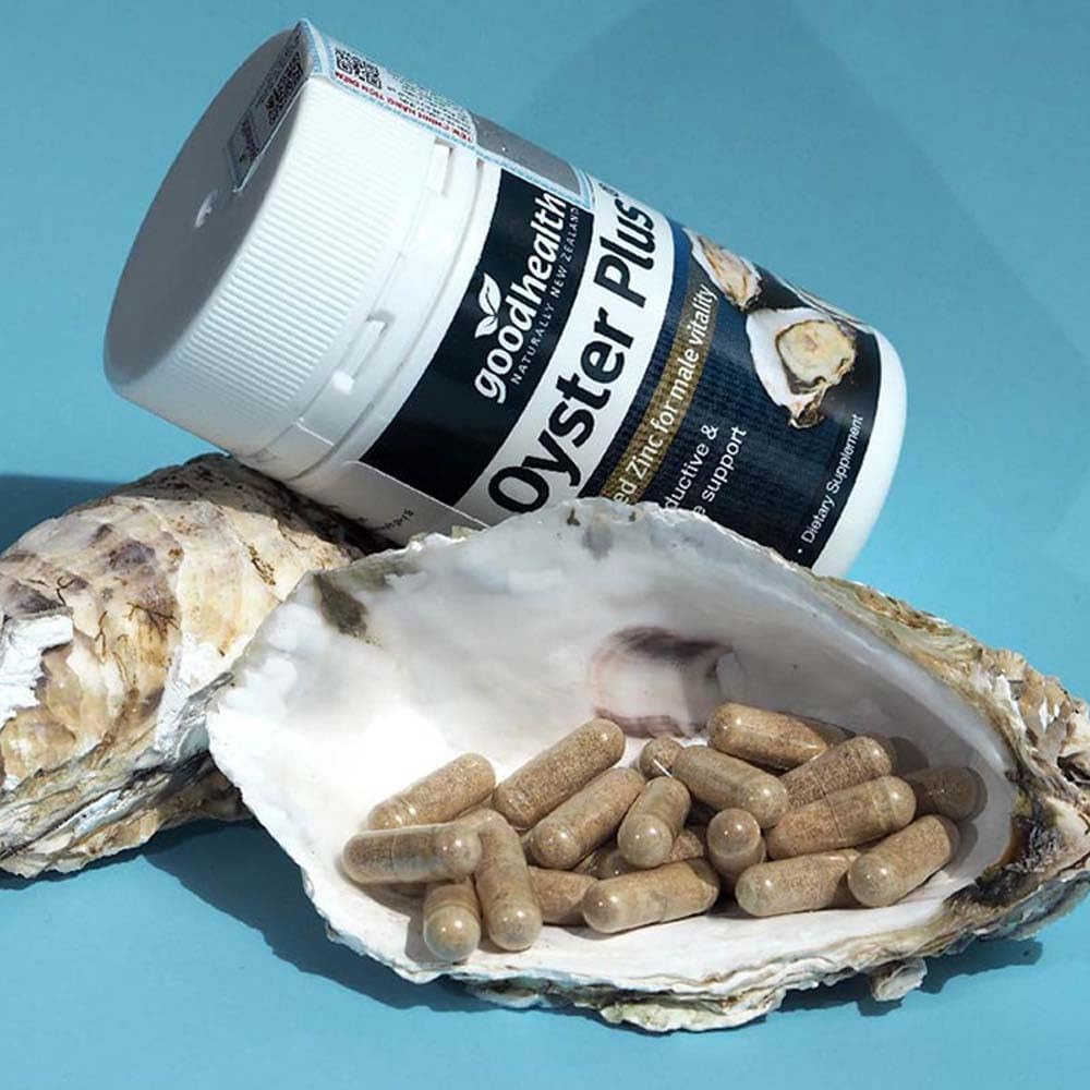 Open bottle of Goodhealth Oyster Plus ready for daily routine