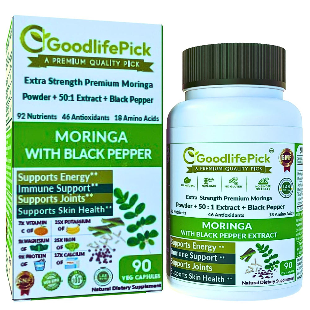 GoodlifePick Moringa capsules bottle showing 50x potency for natural energy support.