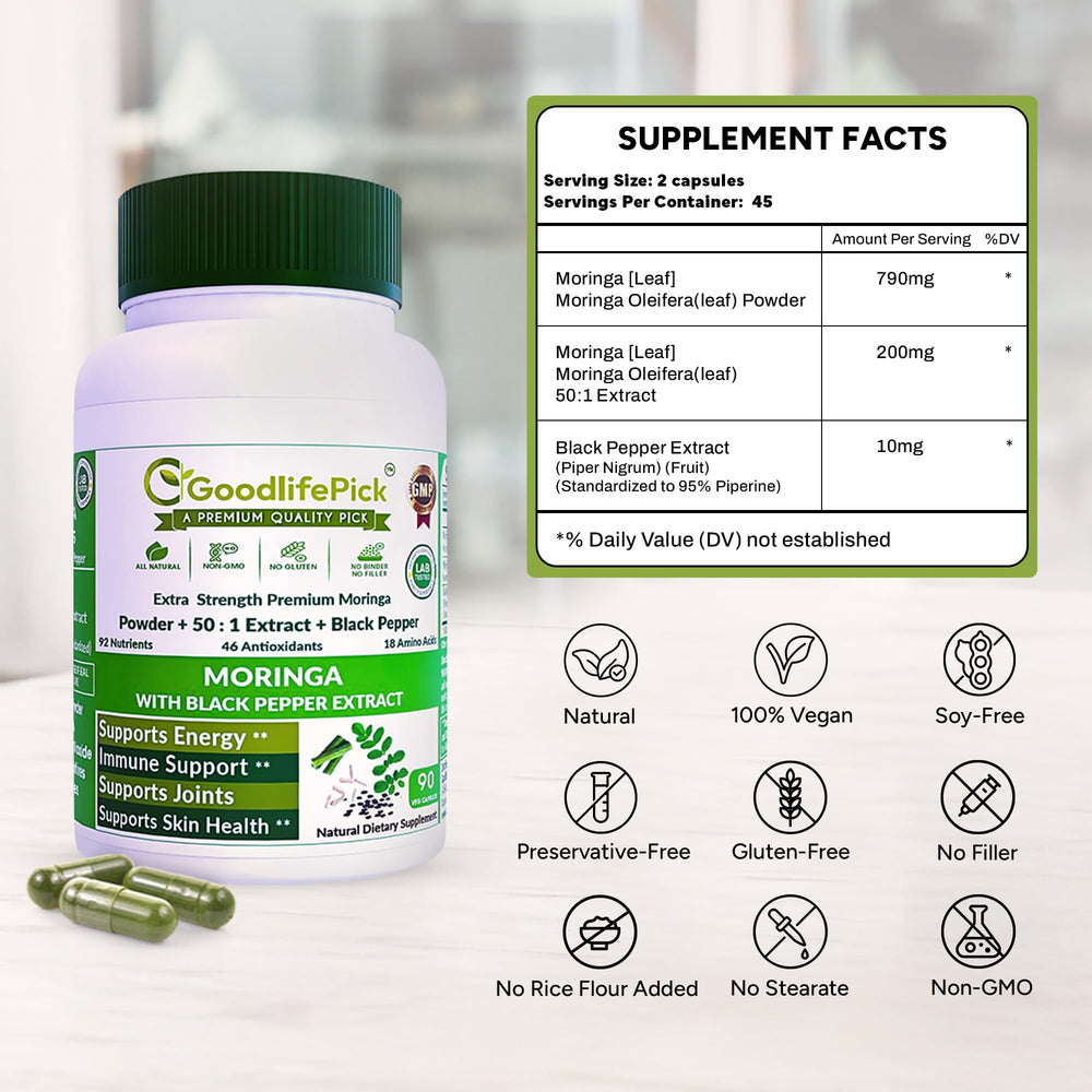 GoodlifePick Moringa capsules with black pepper extract for enhanced absorption.