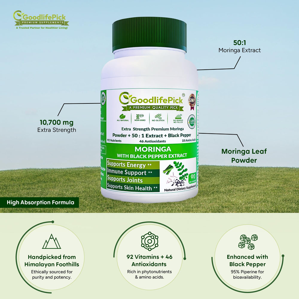 GoodlifePick Moringa capsules closeup for easy daily wellness support.