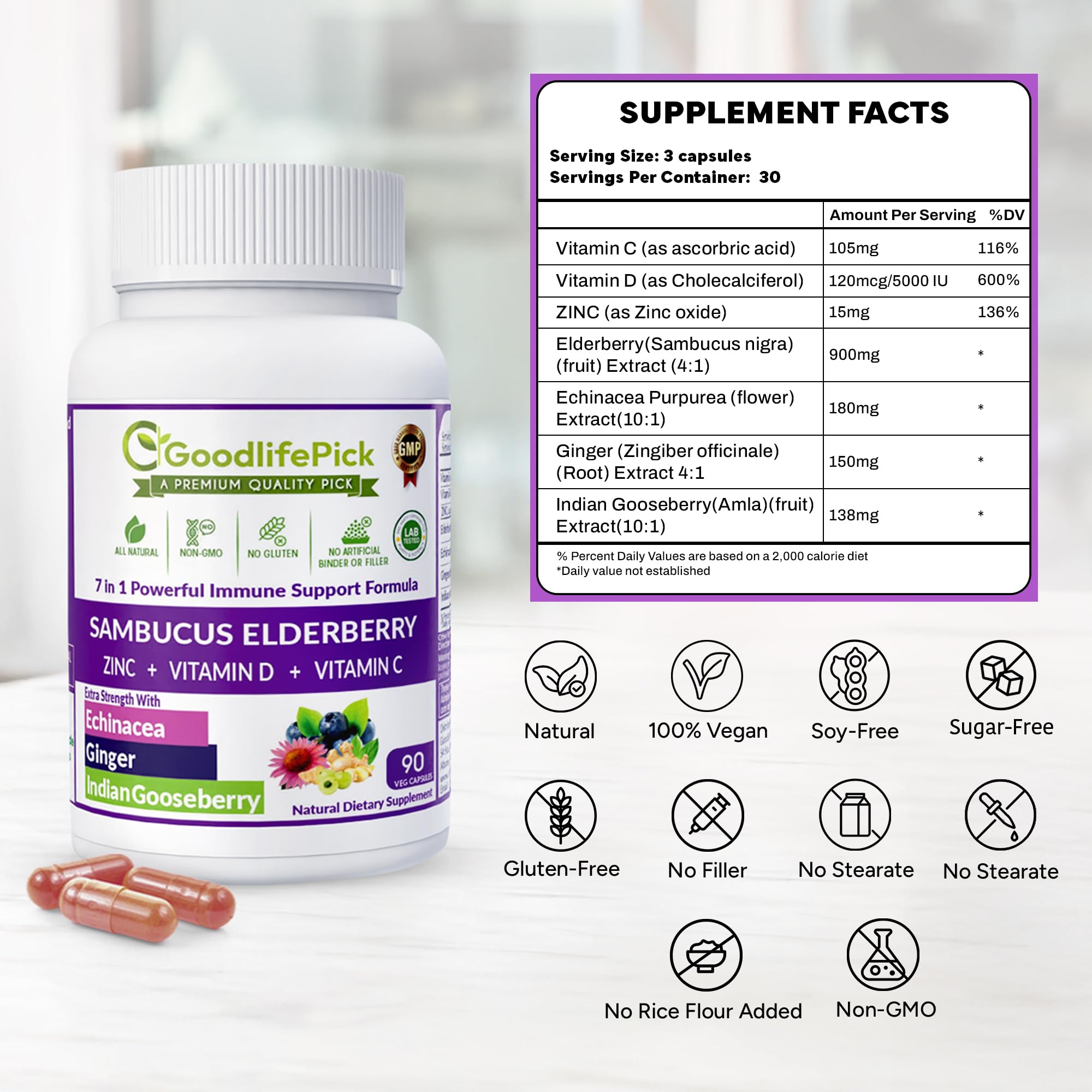 GoodlifePick elderberry capsules label design on bottle for premium wellness.