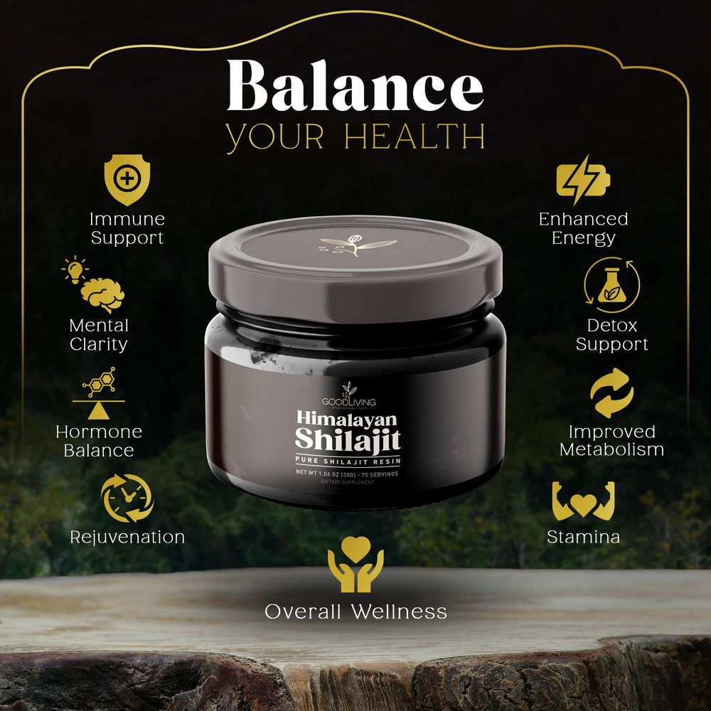 GoodLiving Shilajit Resin scoop highlights convenient dosing for vitality.