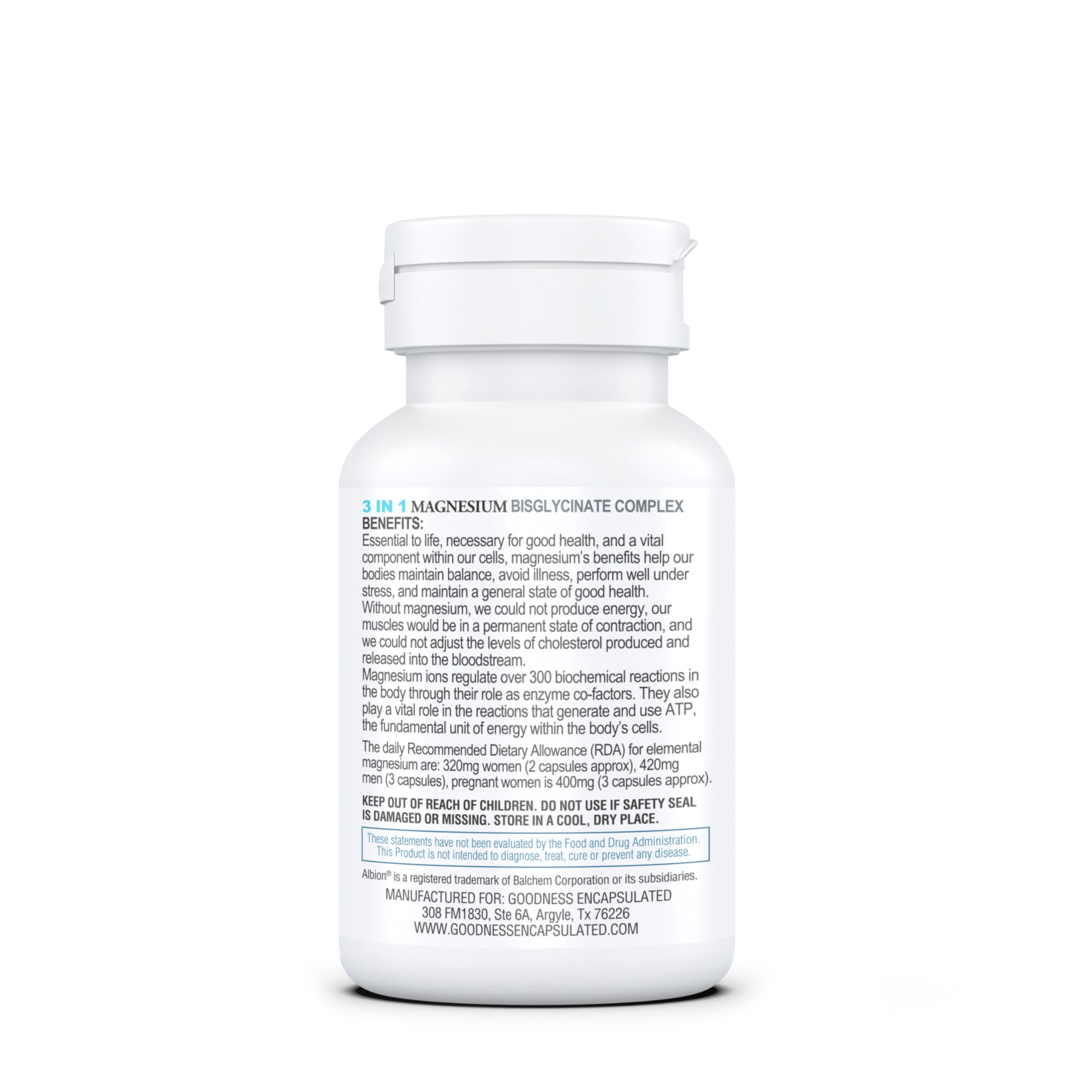 GOODNESS ENCAPSULATED bottle label showing vegan and gluten-free formula