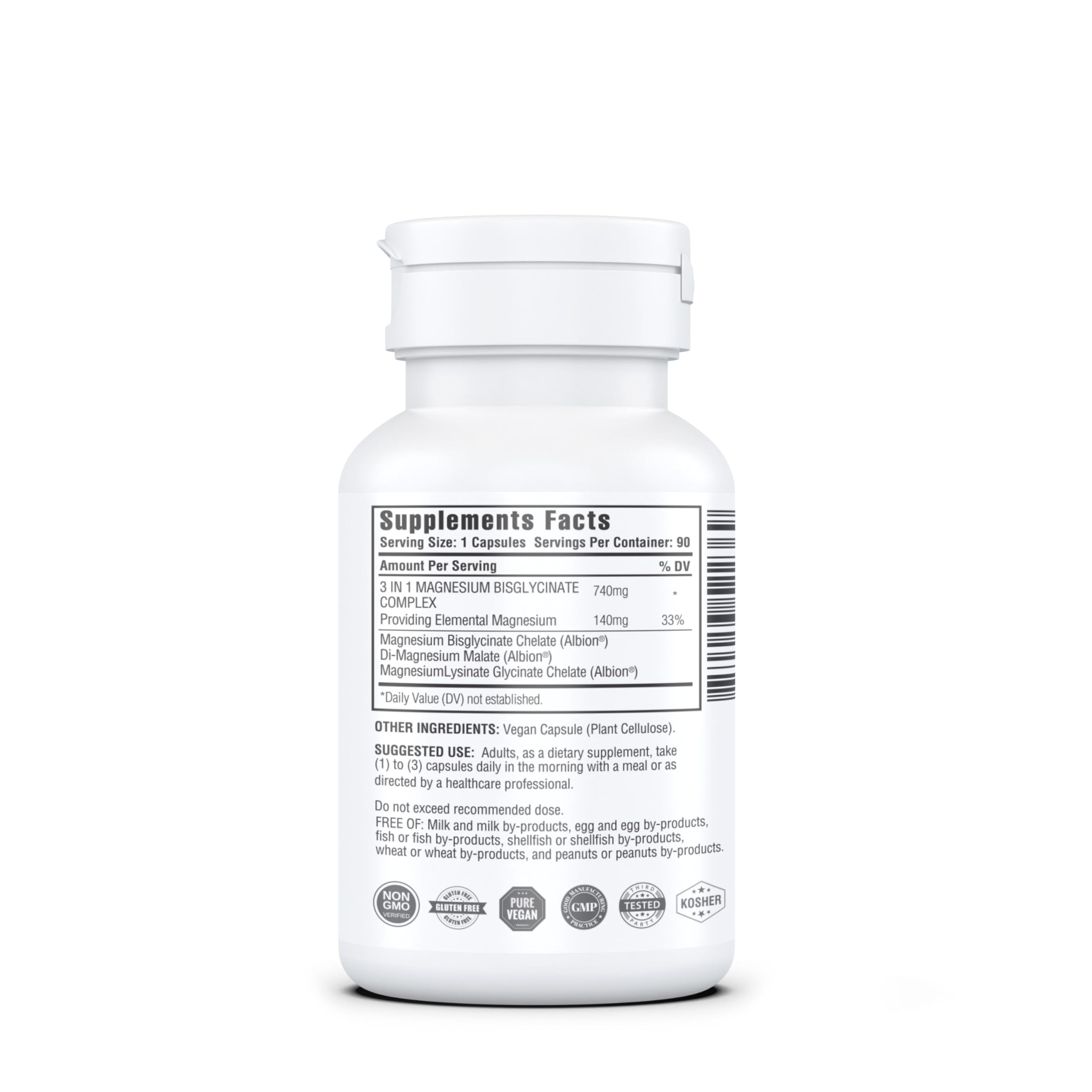 GOODNESS ENCAPSULATED Magnesium 3 in 1 Bisglycinate capsules on white background