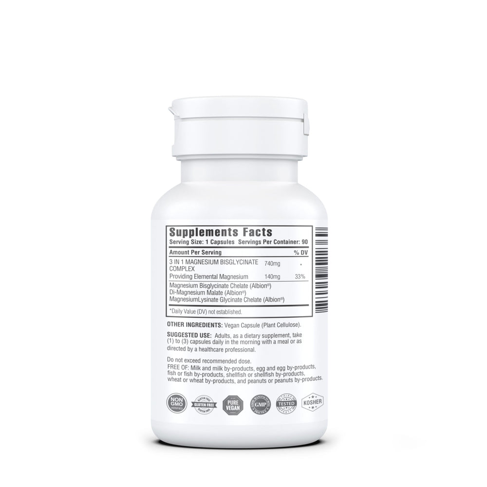 GOODNESS ENCAPSULATED Magnesium 3 in 1 Bisglycinate capsules on white background