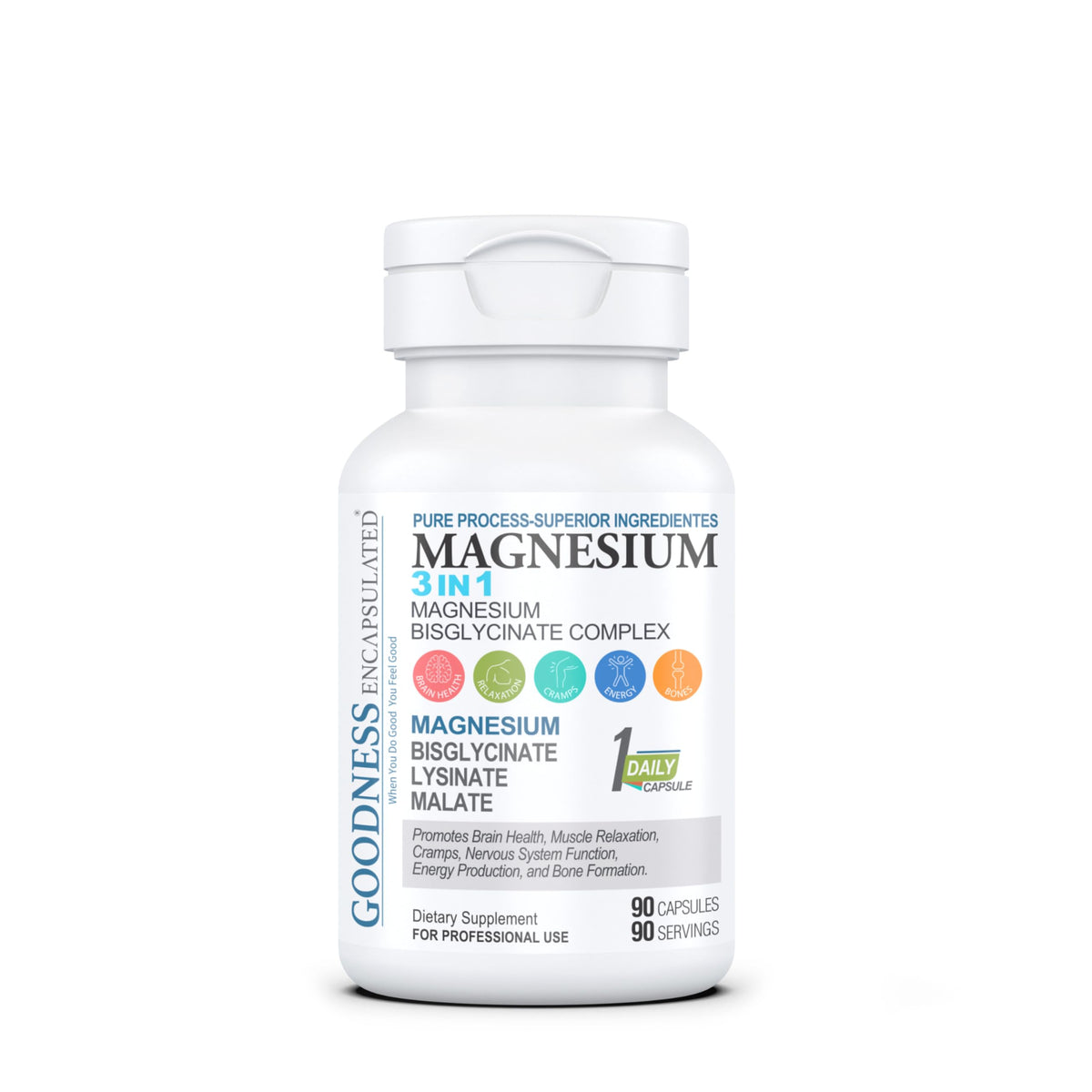 GOODNESS ENCAPSULATED Magnesium 3 in 1 Bisglycinate Complex bottle for daily energy
