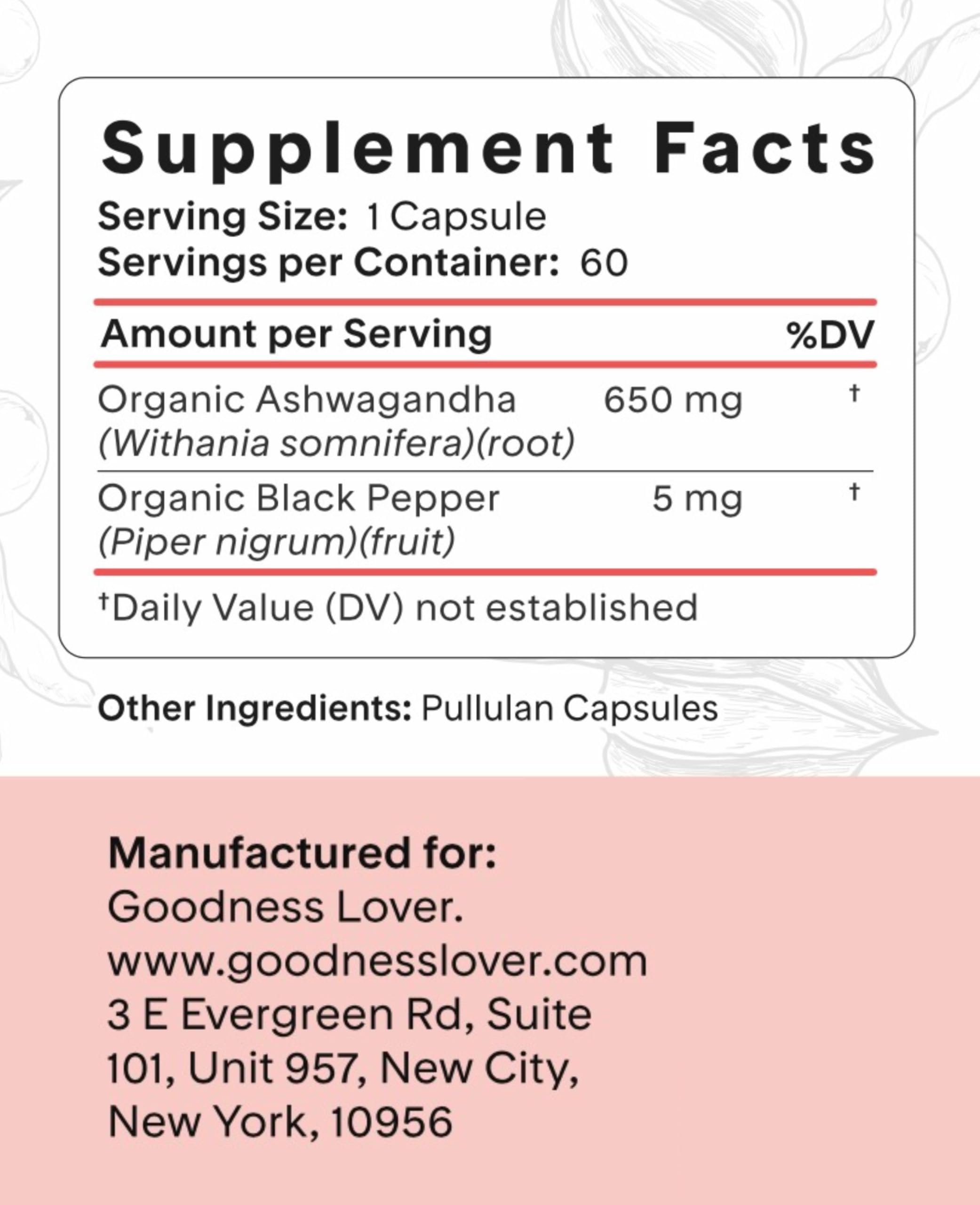 Goodness Lover Ashwagandha bottle pour showing capsules for daily calm
