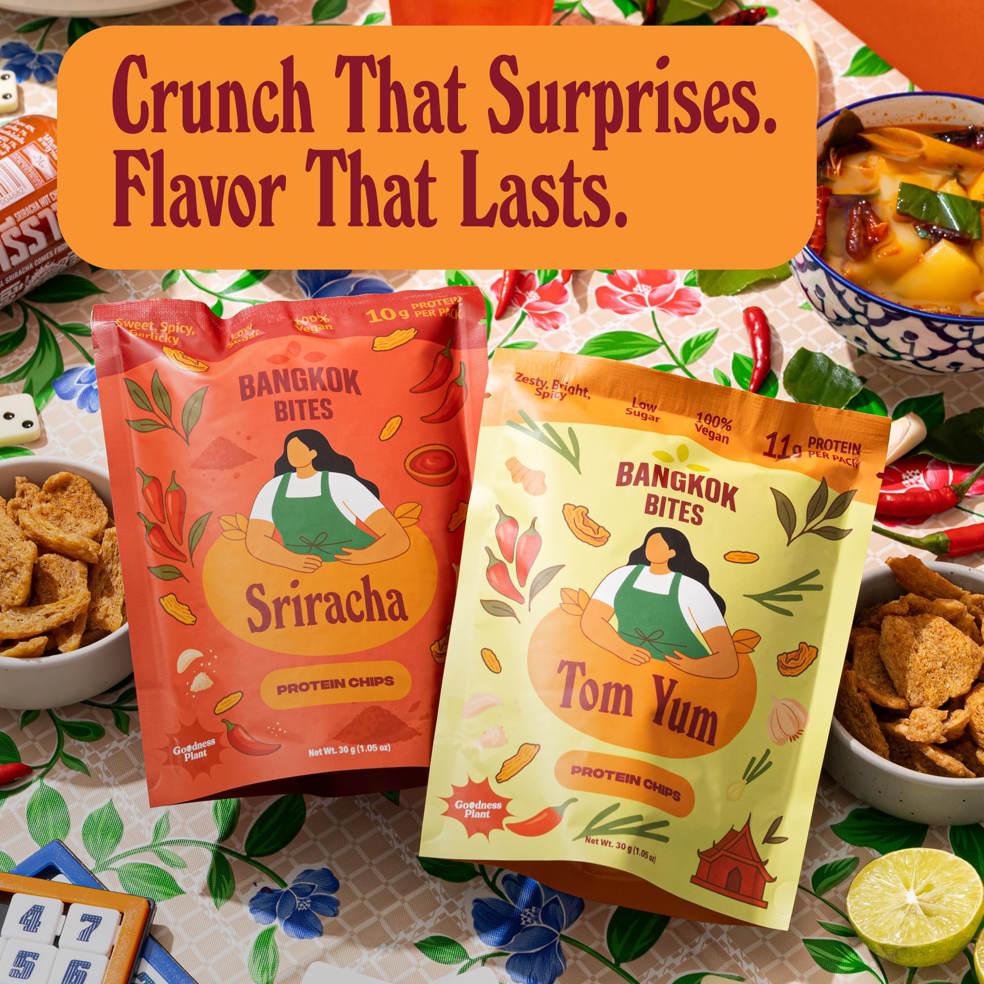Goodness Plant Bangkok Bites 30g serving emphasizes protein-rich vegan fuel for activity.