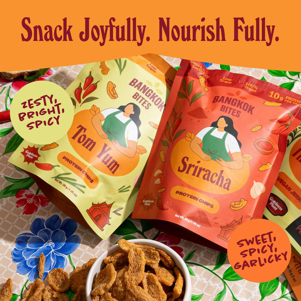 Goodness Plant Bangkok Bites Spicy Sriracha chips pack adds bold heat for active days.
