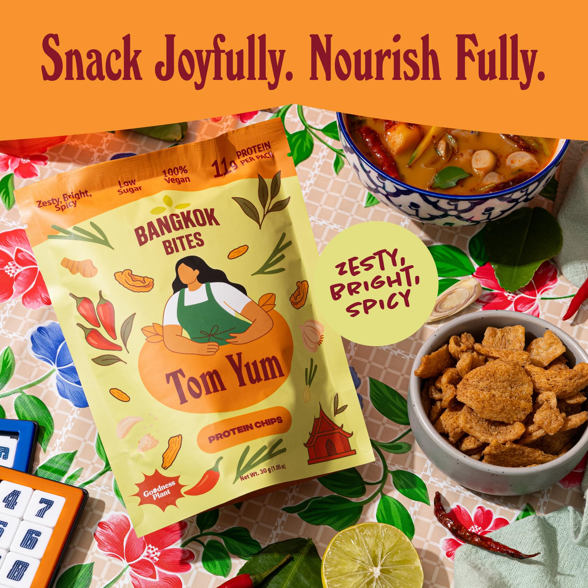 Goodness Plant Bangkok Bites Tom Yum 3-pack view highlights convenient on-the-go snacking.