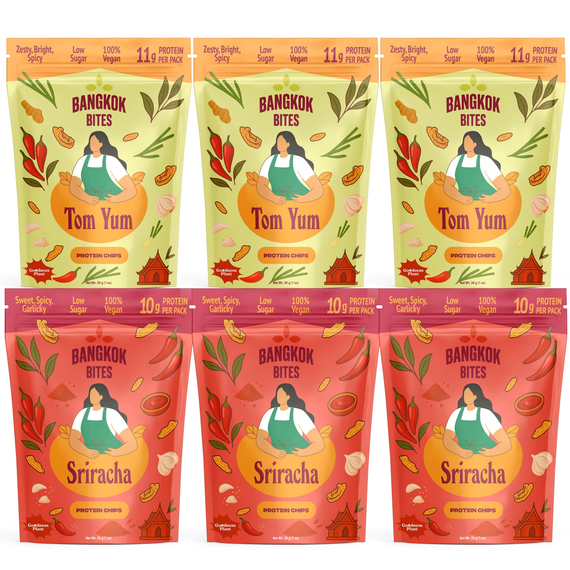 Goodness Plant Bangkok Bites Tom Yum chips pack offers tangy flavor for on-the-go snacking.
