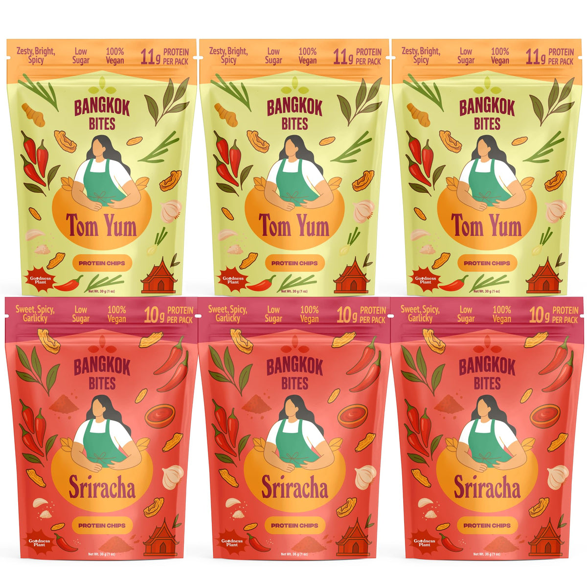 Goodness Plant Bangkok Bites Tom Yum chips pack offers tangy flavor for on-the-go snacking.