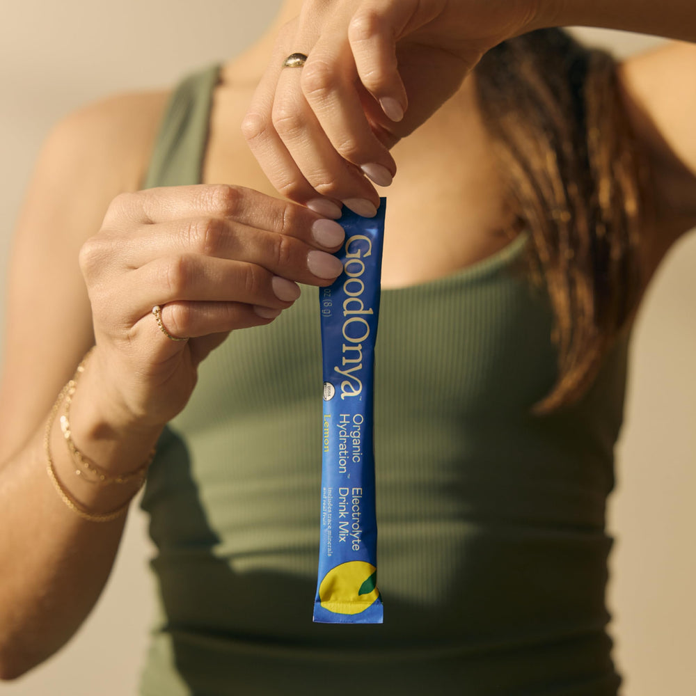 GOODONYA Biochecked Glyphosate Free badge signals clean, pesticide-free hydration.