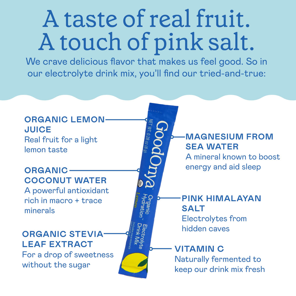 GOODONYA kid-friendly lemonade powder ready to mix for family hydration.