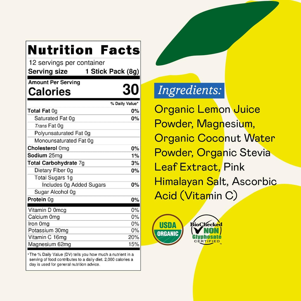 GOODONYA Lemonade powder dissolves in water for a refreshing citrus aroma.