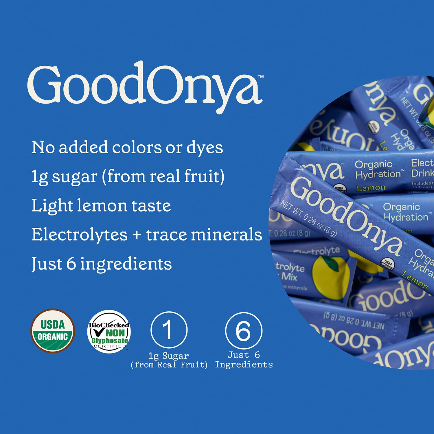GOODONYA Non-GMO seal on container reflects transparency and quality.
