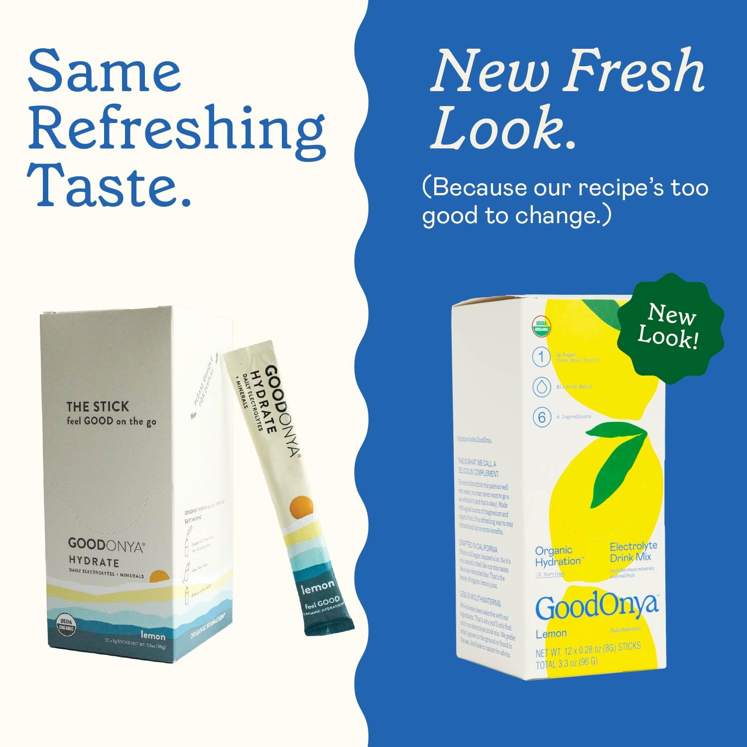 GOODONYA Organic Hydration ingredients panel emphasizes real fruit and electrolytes.