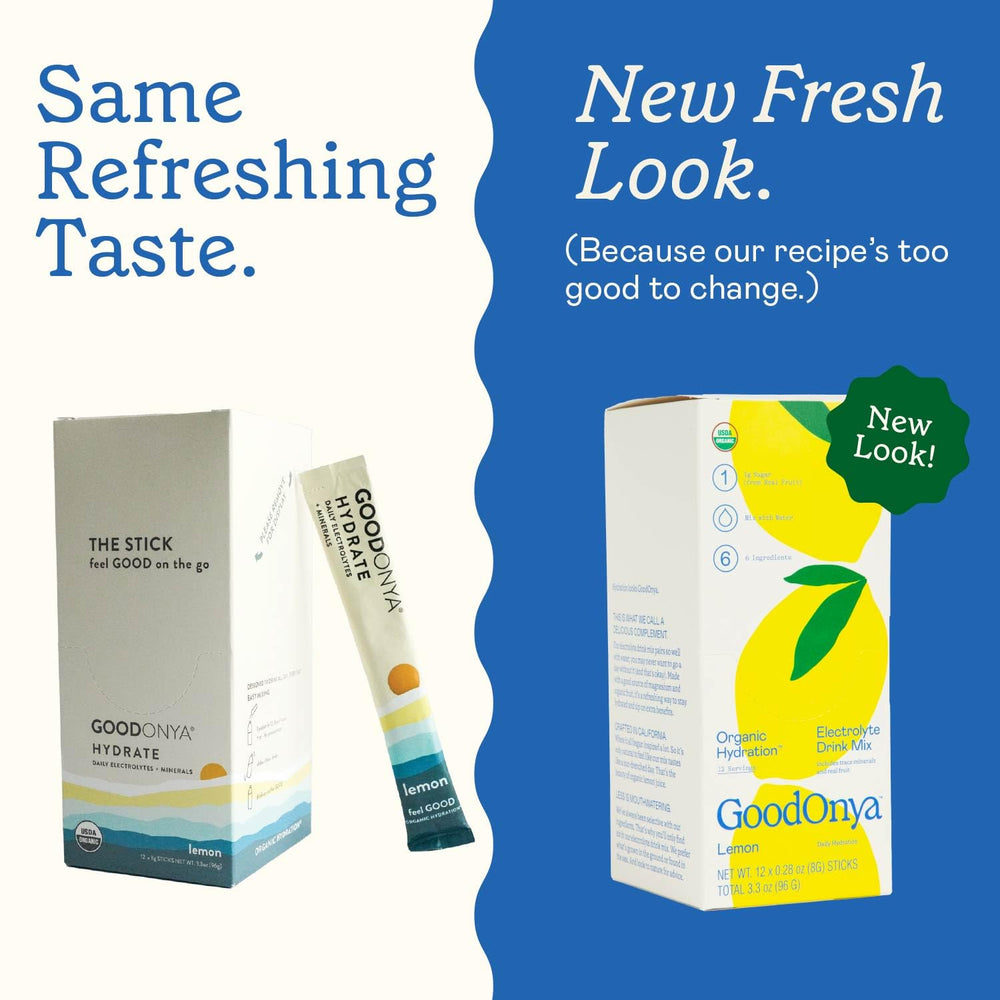 GOODONYA Organic Hydration ingredients panel emphasizes real fruit and electrolytes.