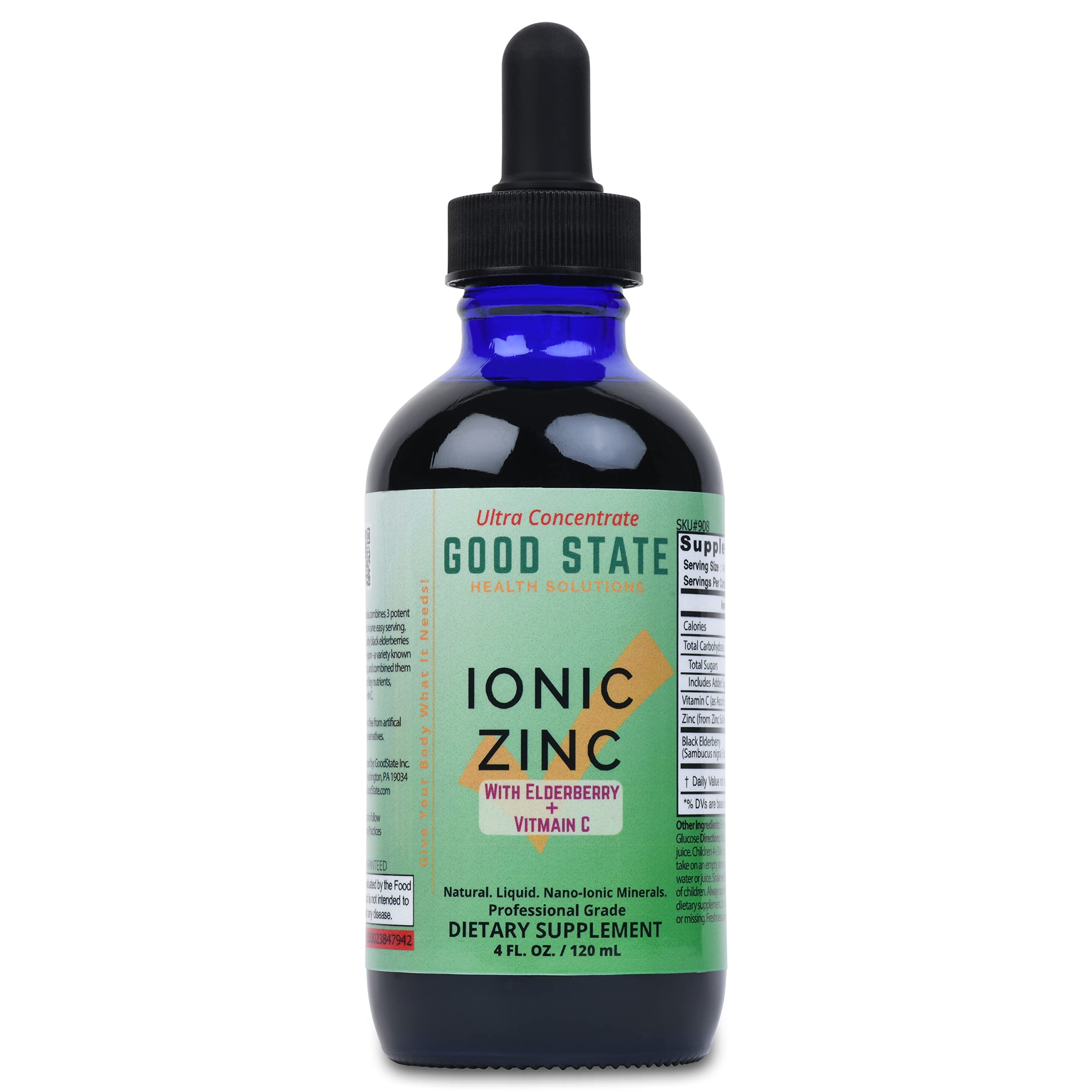 Good State Ionic Zinc and Elderberry bottle pour demonstrates easy daily dosing.