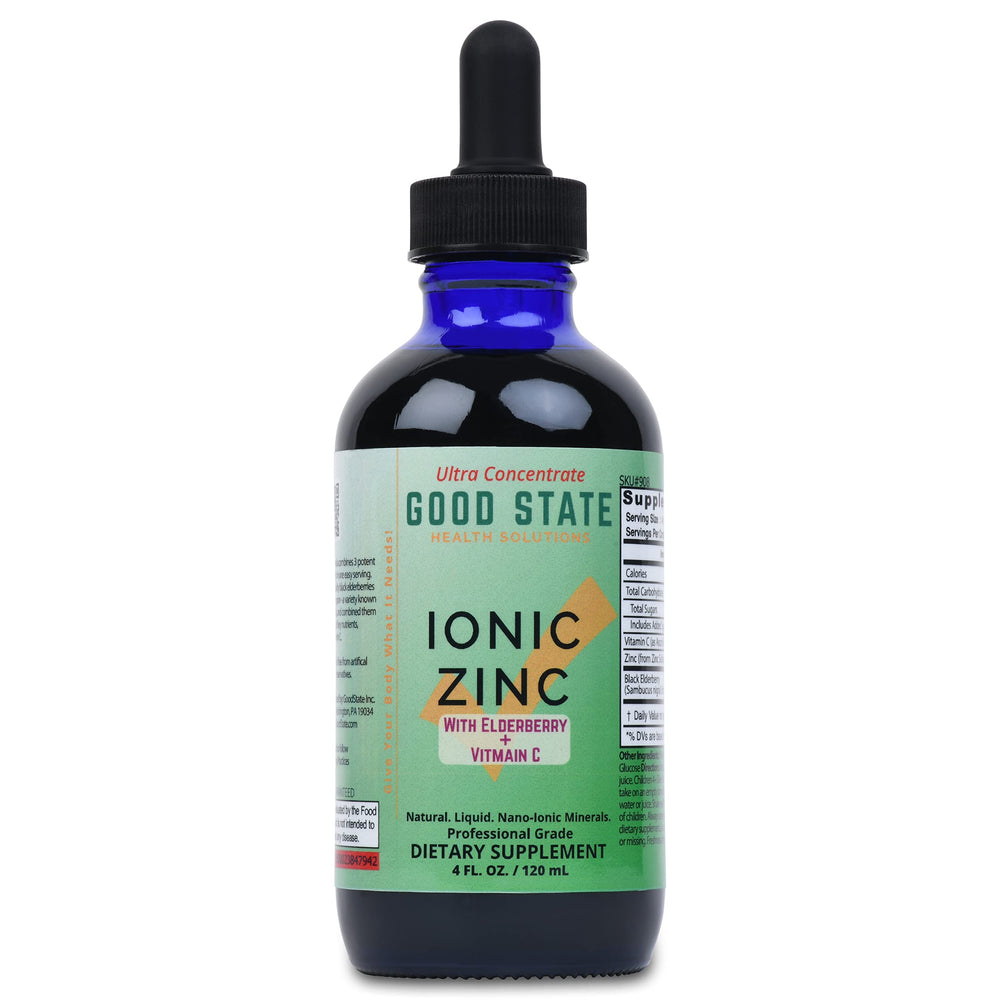 Good State Ionic Zinc and Elderberry bottle pour demonstrates easy daily dosing.