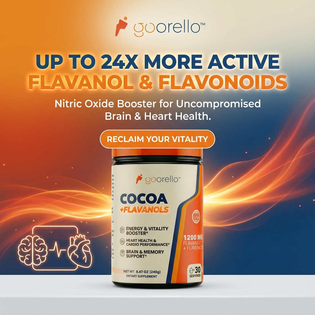 Goorello cocoa powder scoop pour demonstrates convenient serving for smoothies and coffee.
