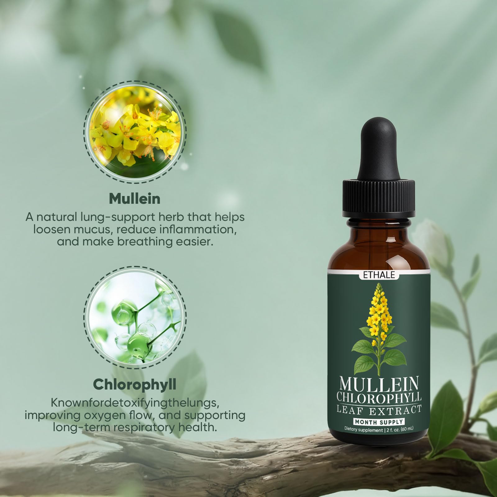 GOOVIP ETHALE Mullein Drops dropper close-up emphasizing fast-absorbing liquid.