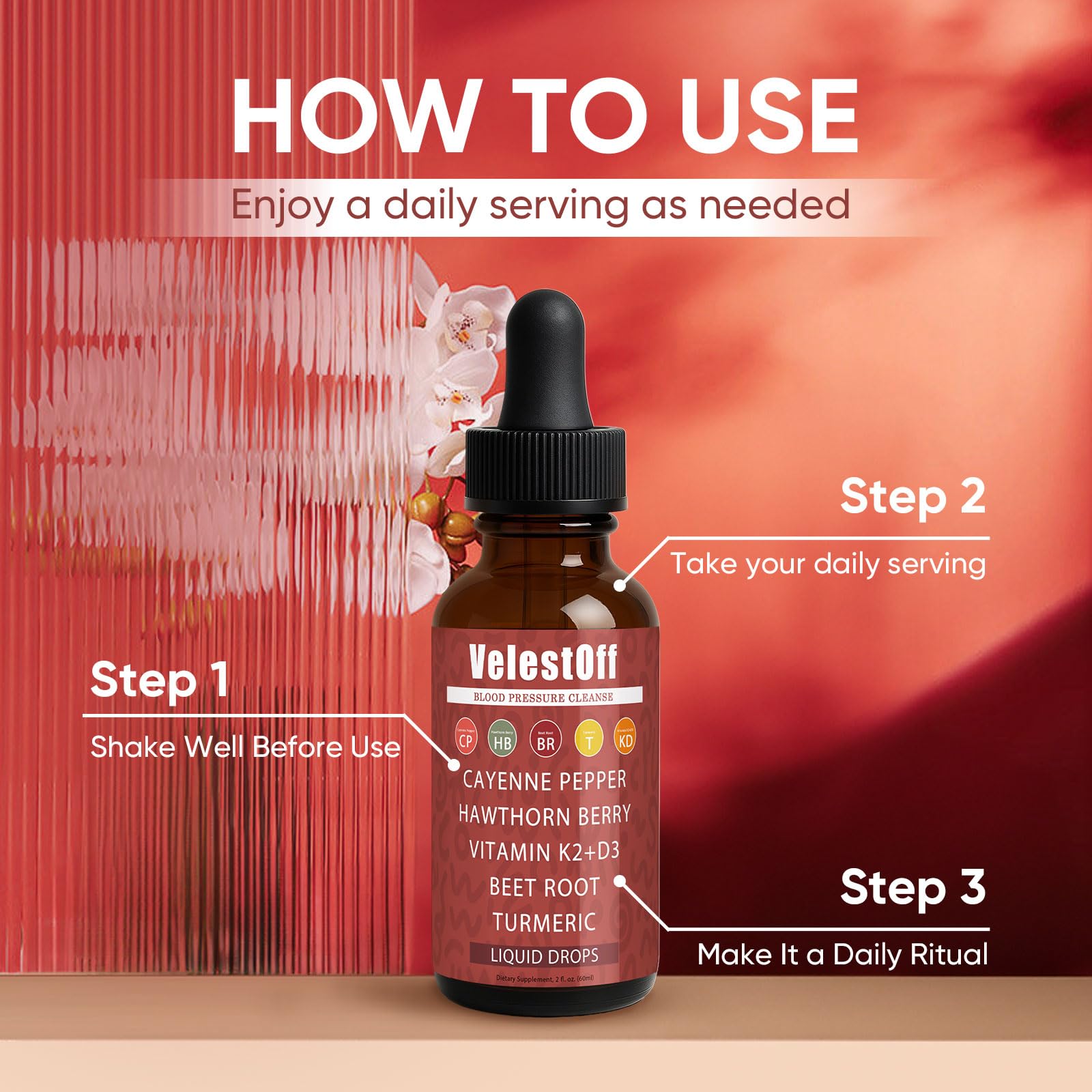 GOOVIP Velestoff cayenne pepper drops bottle on wood showcasing natural ingredients.