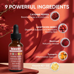GOOVIP Velestoff cayenne pepper drops label reveals ingredients and circulatory blend.