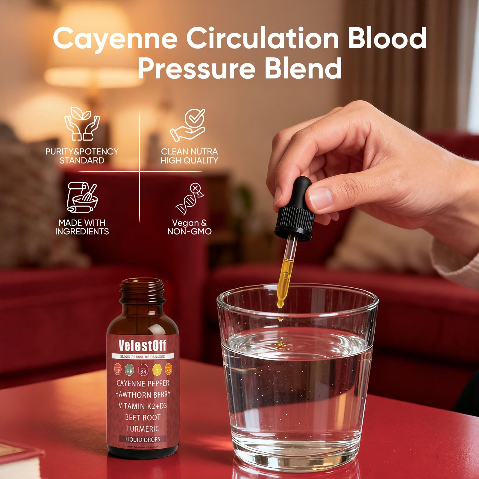 GOOVIP Velestoff cayenne pepper drops pouring into a glass for energy boost.