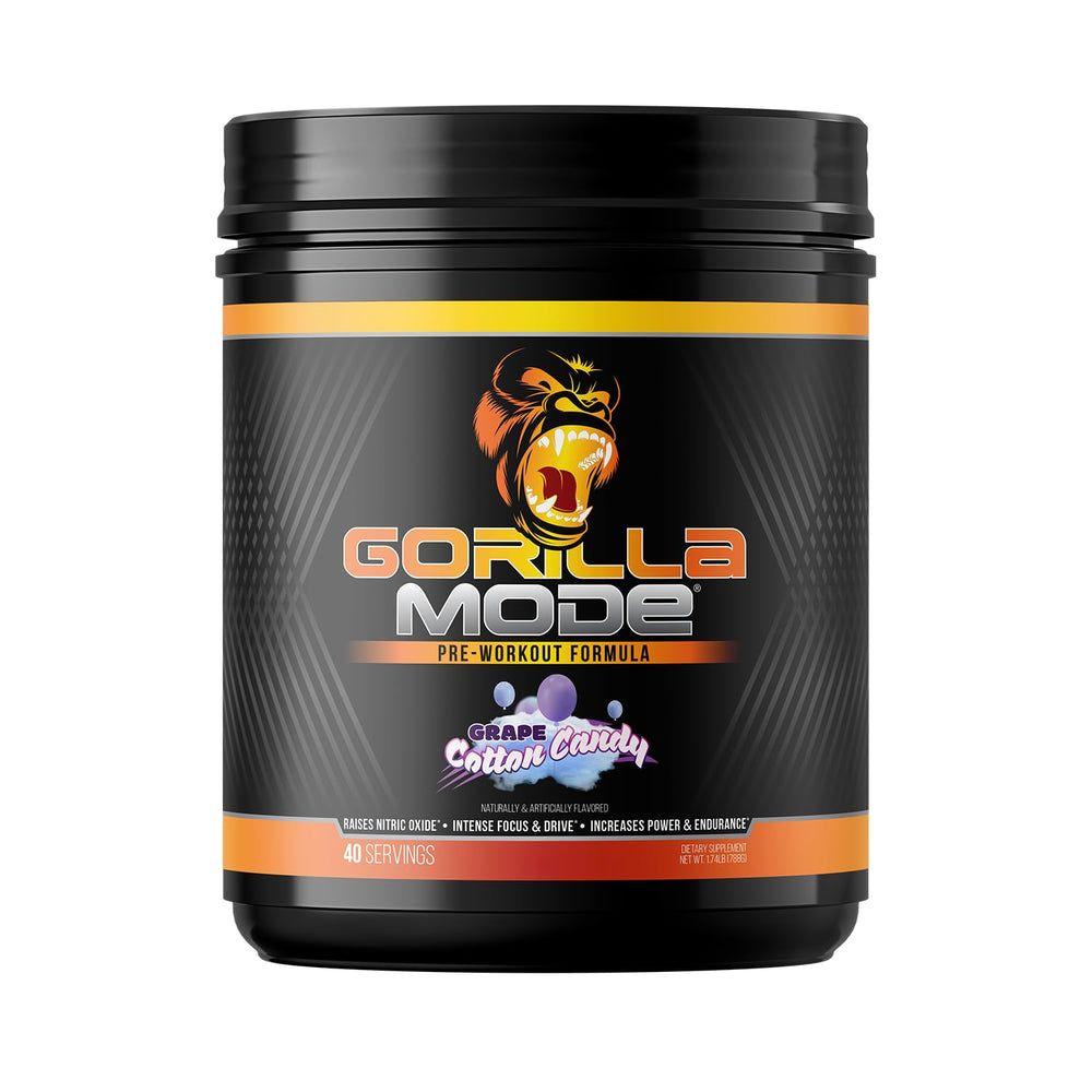 Gorilla Mind Gorilla Mode Pre Workout bottle highlighting pumps and energy.