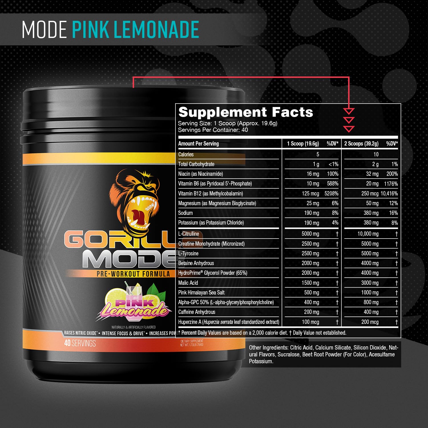 Scoop of Gorilla Mind Gorilla Mode showing high-dosed ingredients for energy