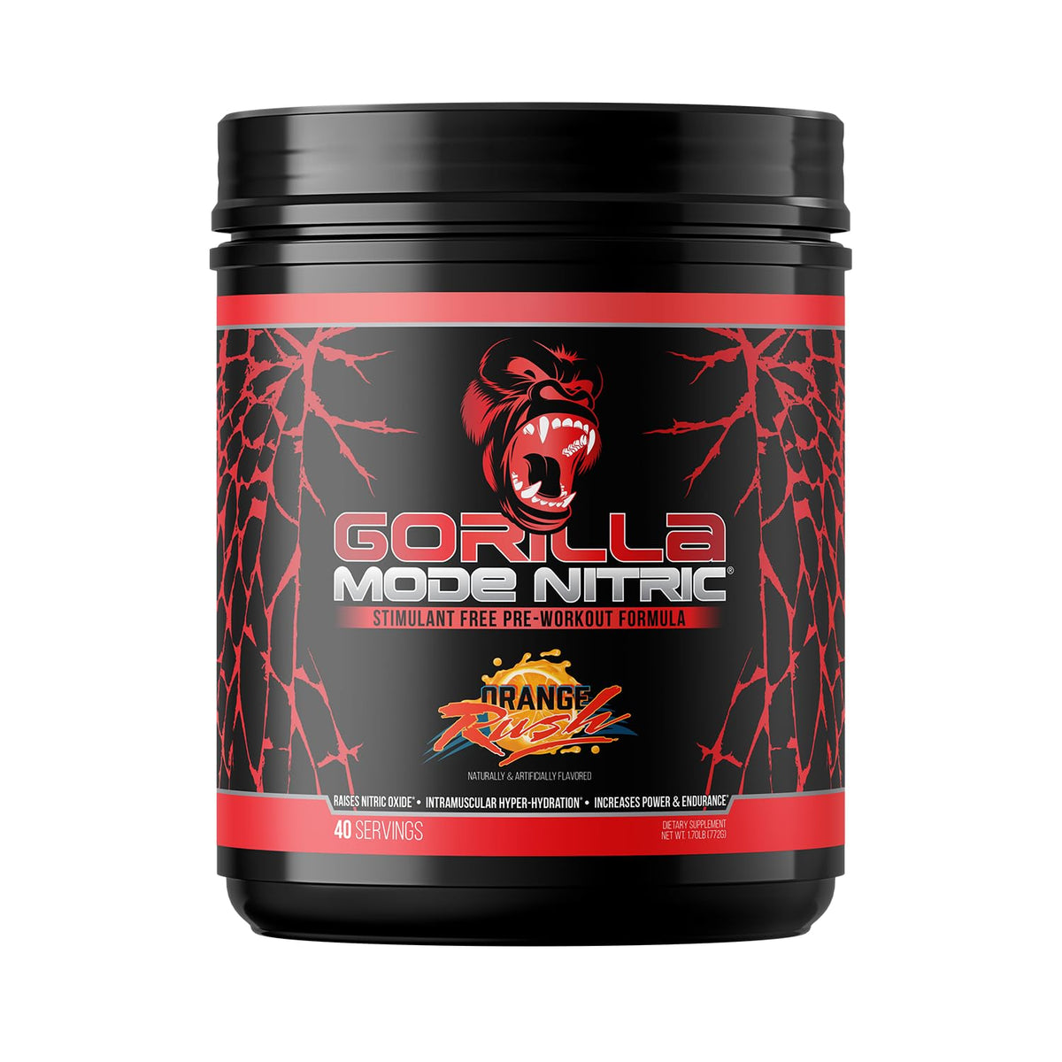 Gorilla Mind Nitric Upgraded stimulant-free Orange Rush powder bottle with smooth mix