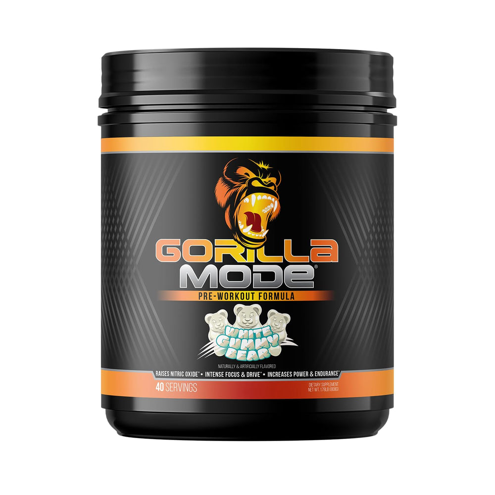 Gorilla Mind Pre Workout canister front highlights pumps and laser focus