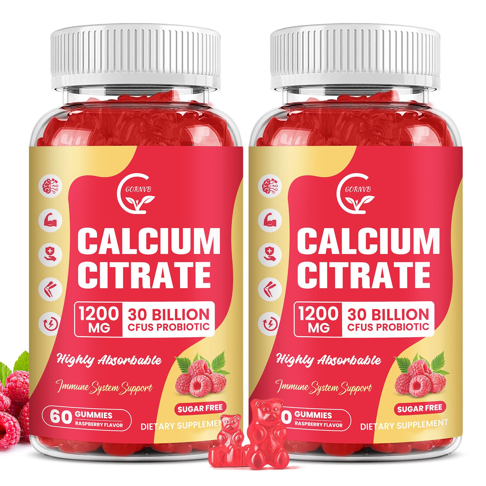 GORNVB Raspberry calcium citrate gummies bottle front for sugar-free bone support.