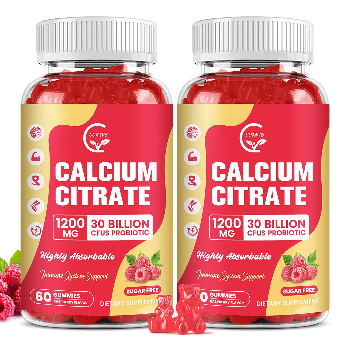 GORNVB Raspberry calcium citrate gummies bottle front for sugar-free bone support.