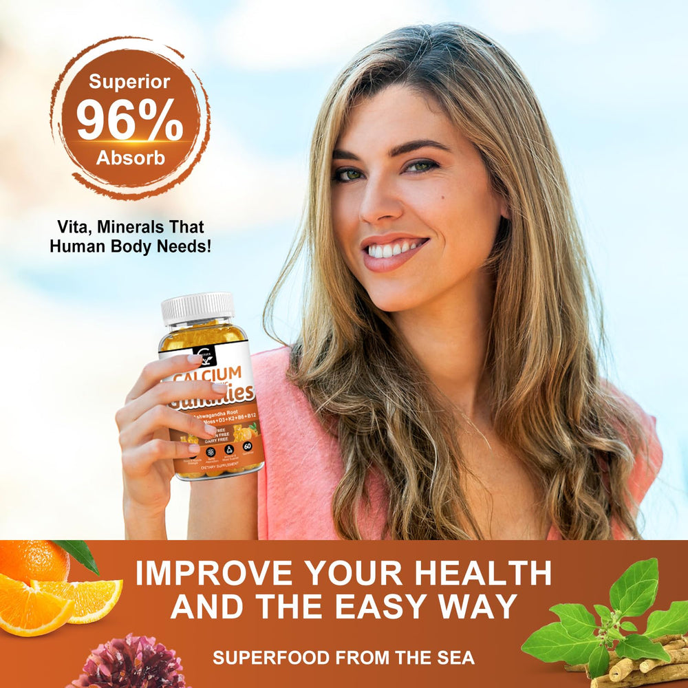 GORNVB Calcium Gummies D3 K2 B12 B6 layout showcases essential vitamins.