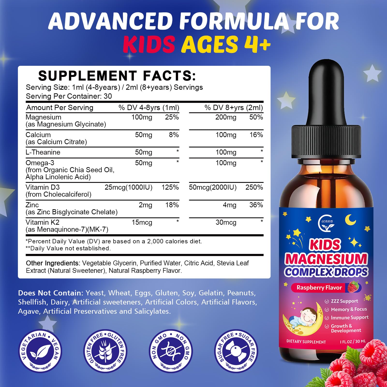 GORNVB kids magnesium liquid drops pour, showing easy dosing.