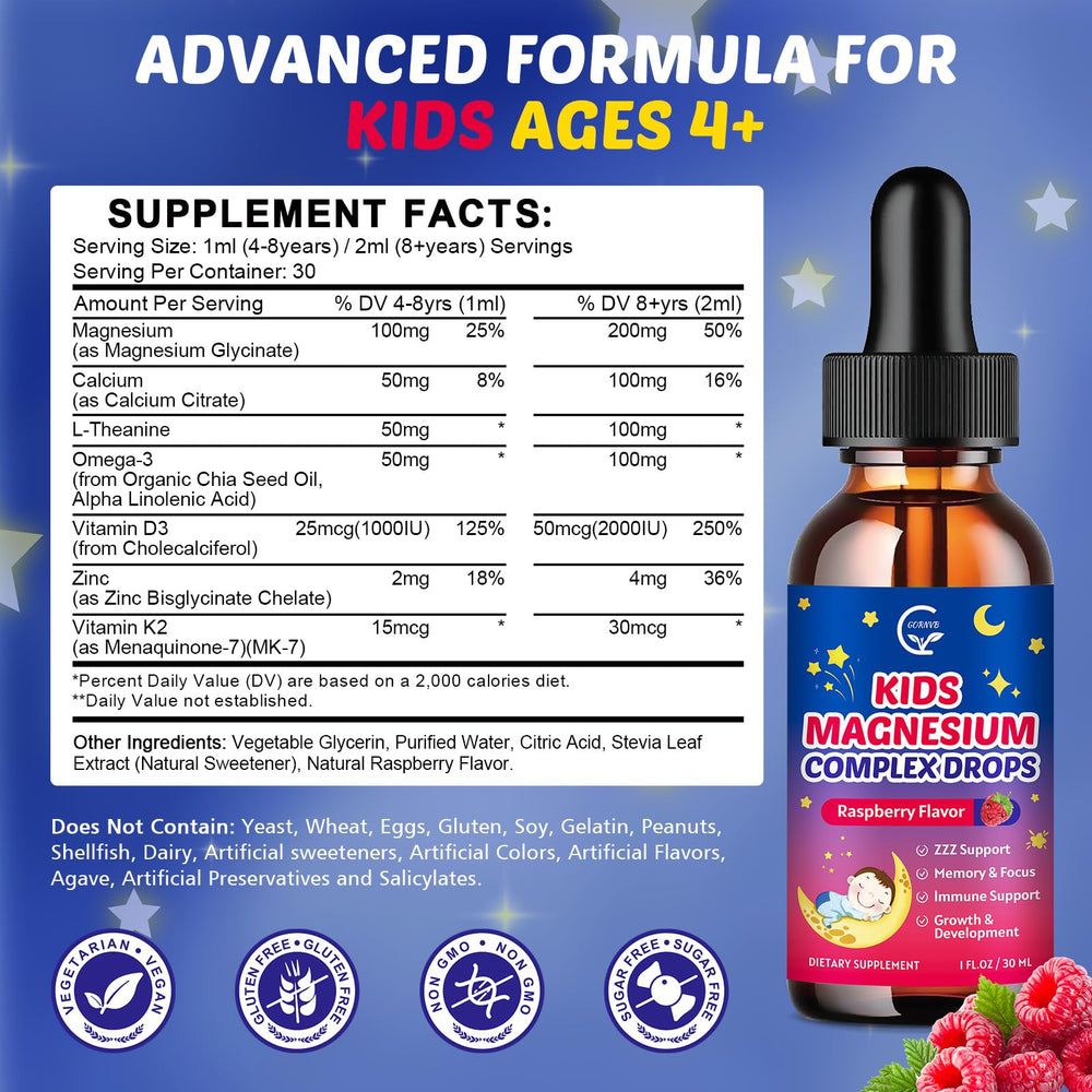 GORNVB kids magnesium liquid drops pour, showing easy dosing.