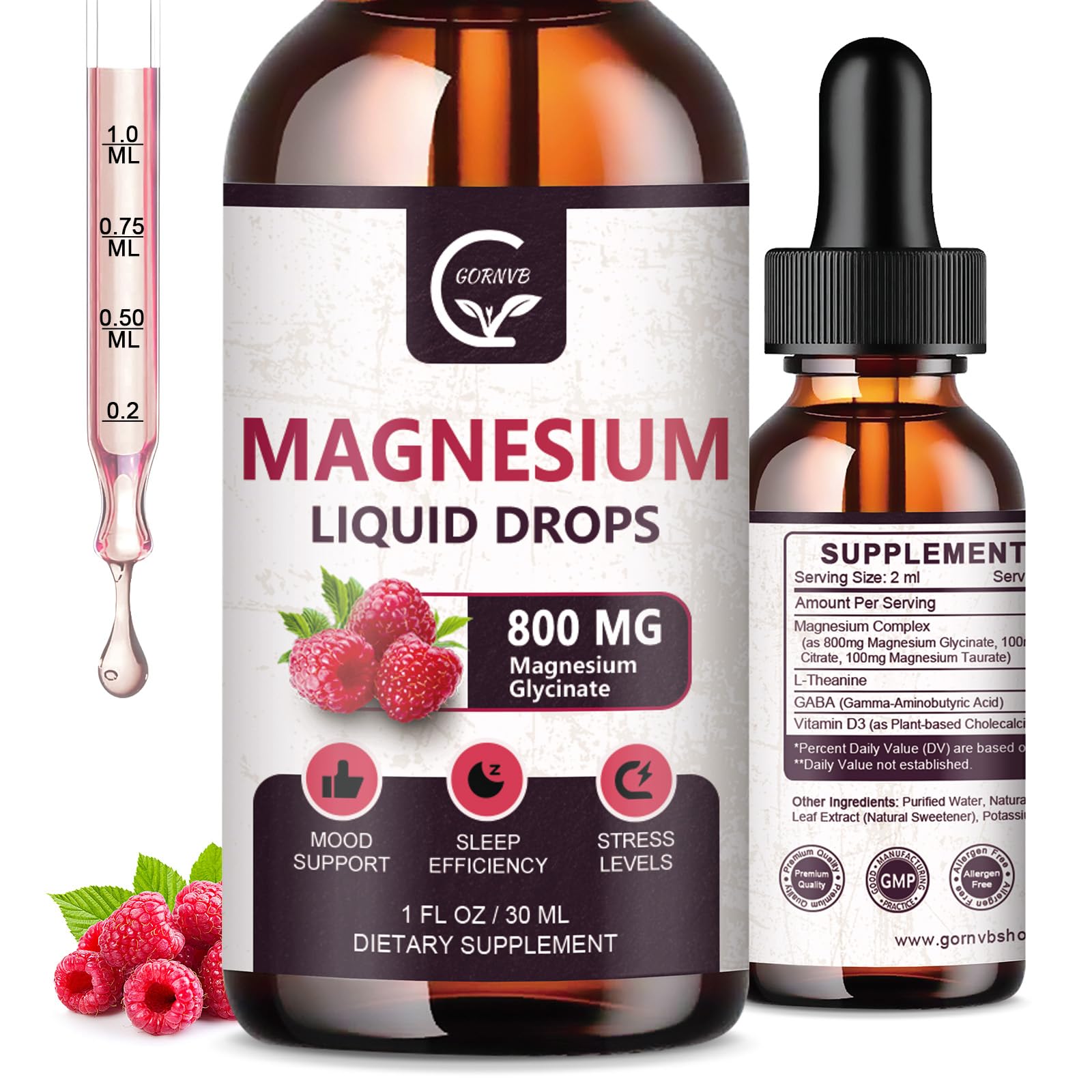 GORNVB Magnesium Glycinate Drops bottle front highlighting high absorption formula.