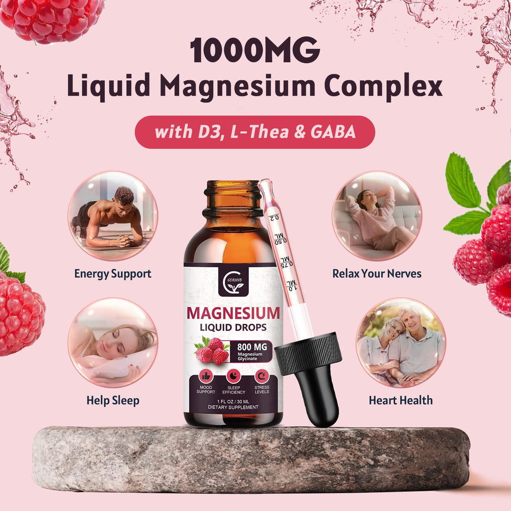GORNVB Magnesium Glycinate Drops bottle label highlights raspberry flavor and ingredients.