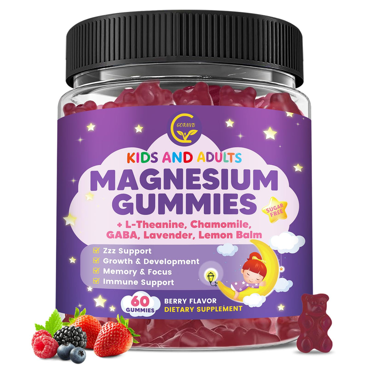 GORNVB magnesium glycinate gummies bottle promoting calm sleep support for kids and adults.