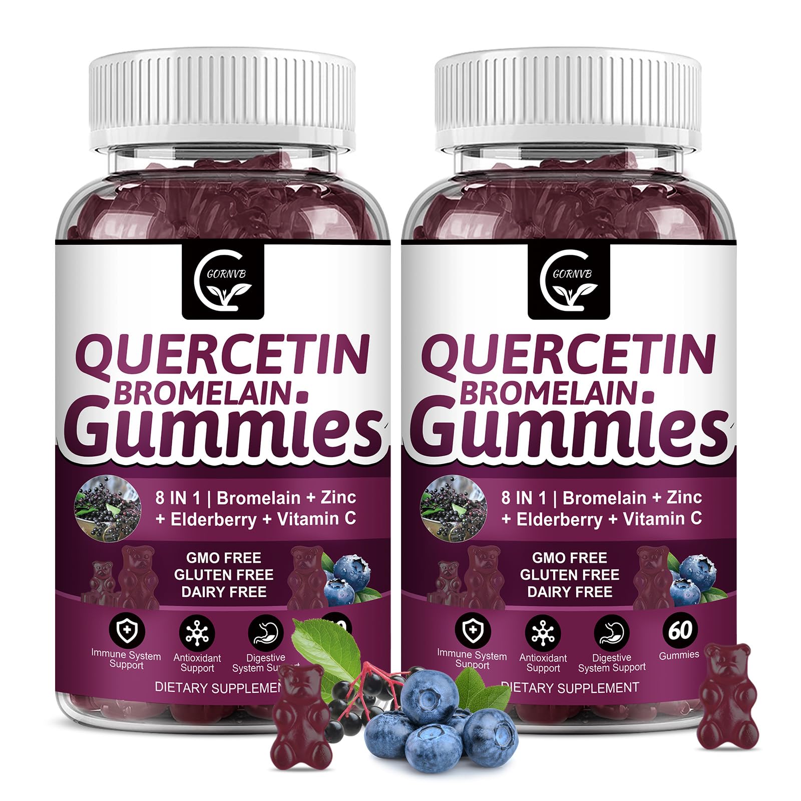 GORNVB Quercetin with Bromelain bottle highlighting 8-in-1 immune and respiratory support
