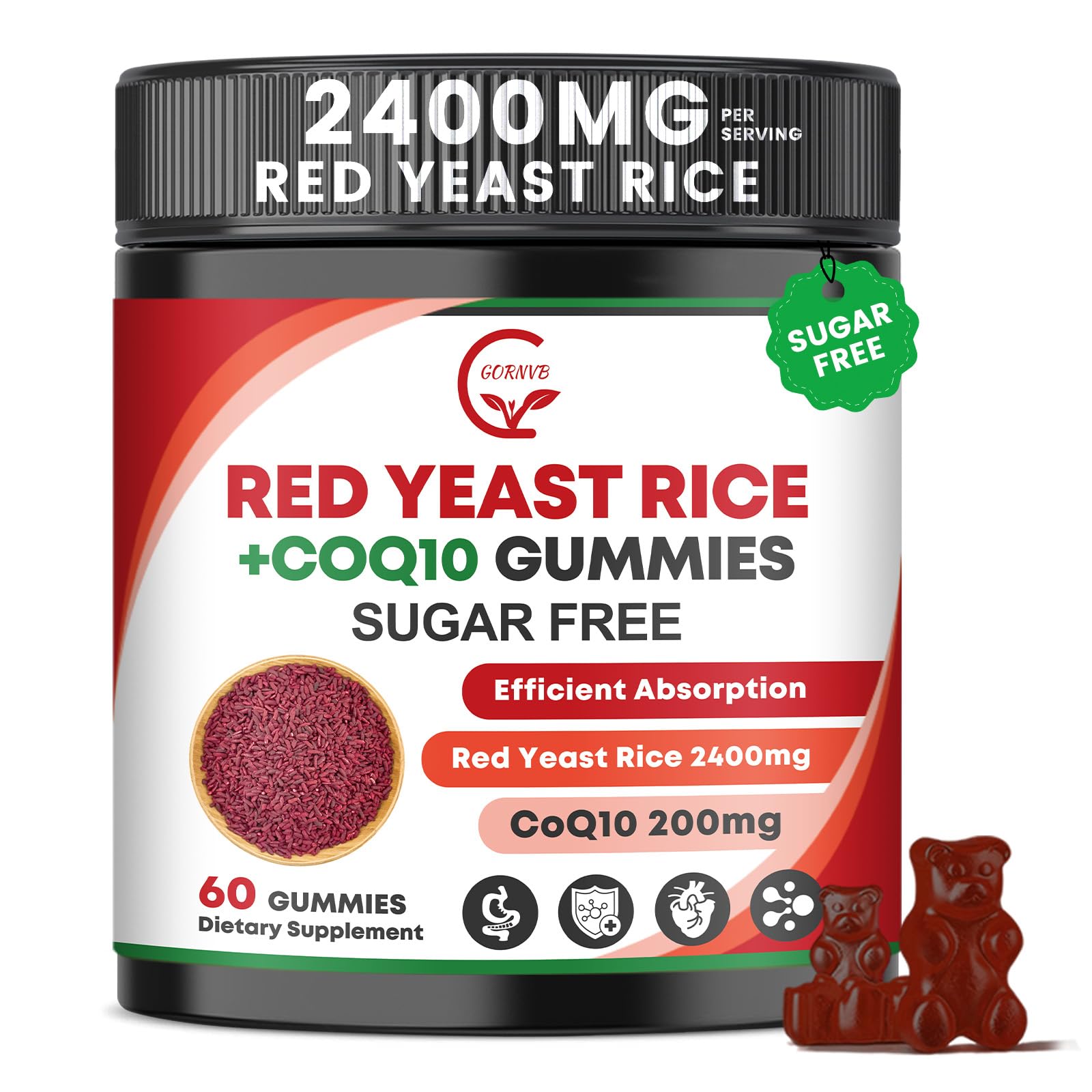 GORNVB Red Yeast Rice with CoQ10 bottle showing dual-action heart and energy support